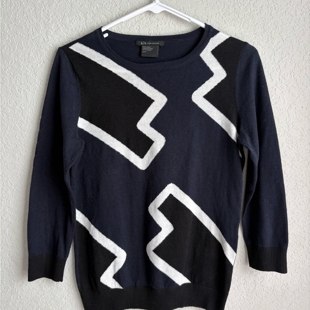 Armani Exchange navy geometric print sweater with three-quarter length sleeves
